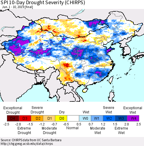 China and Taiwan SPI 10-Day Drought Severity (CHIRPS) Thematic Map For 6/1/2019 - 6/10/2019