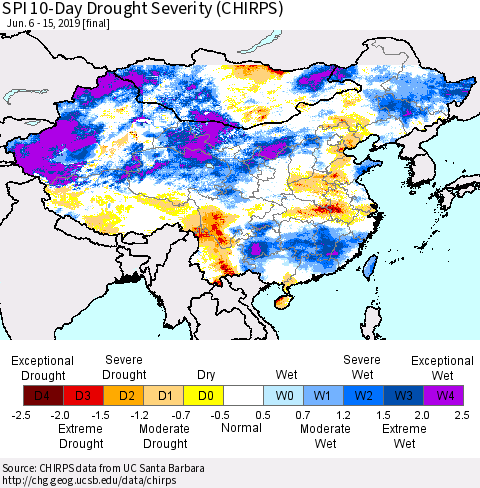 China, Mongolia and Taiwan SPI 10-Day Drought Severity (CHIRPS) Thematic Map For 6/6/2019 - 6/15/2019