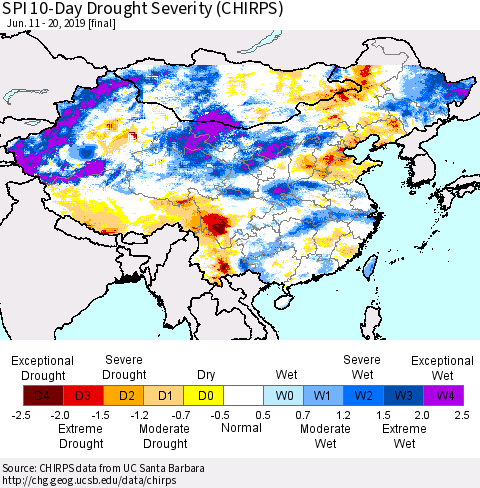 China, Mongolia and Taiwan SPI 10-Day Drought Severity (CHIRPS) Thematic Map For 6/11/2019 - 6/20/2019