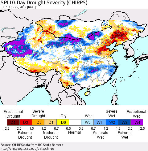 China and Taiwan SPI 10-Day Drought Severity (CHIRPS) Thematic Map For 6/16/2019 - 6/25/2019