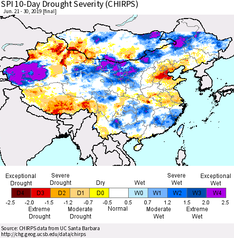 China, Mongolia and Taiwan SPI 10-Day Drought Severity (CHIRPS) Thematic Map For 6/21/2019 - 6/30/2019