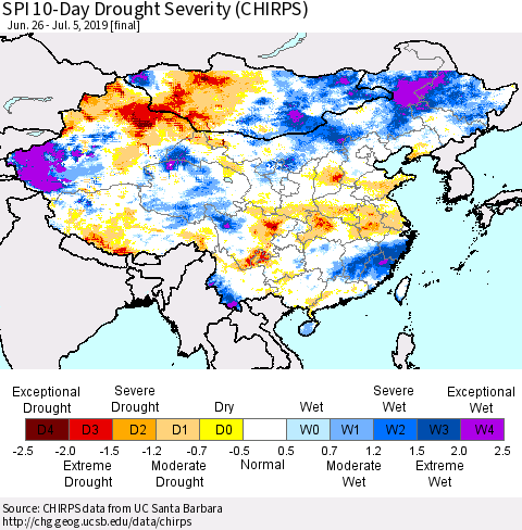 China and Taiwan SPI 10-Day Drought Severity (CHIRPS) Thematic Map For 6/26/2019 - 7/5/2019