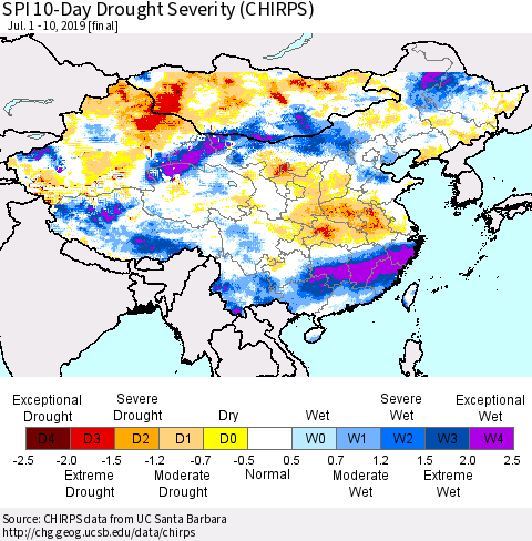 China and Taiwan SPI 10-Day Drought Severity (CHIRPS) Thematic Map For 7/1/2019 - 7/10/2019