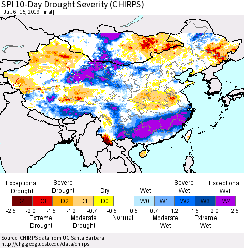 China and Taiwan SPI 10-Day Drought Severity (CHIRPS) Thematic Map For 7/6/2019 - 7/15/2019