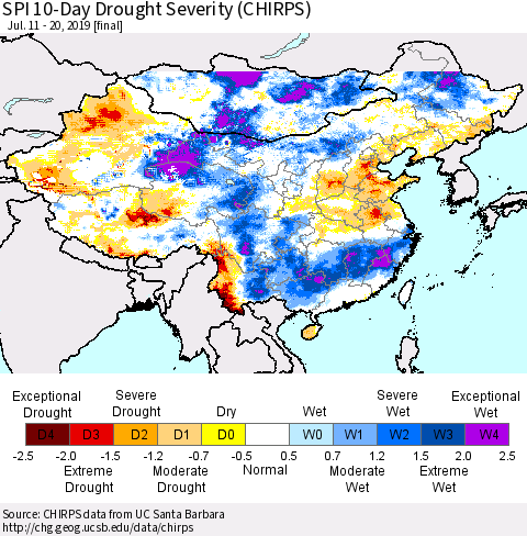 China and Taiwan SPI 10-Day Drought Severity (CHIRPS) Thematic Map For 7/11/2019 - 7/20/2019