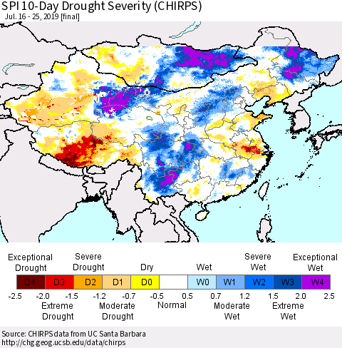 China, Mongolia and Taiwan SPI 10-Day Drought Severity (CHIRPS) Thematic Map For 7/16/2019 - 7/25/2019