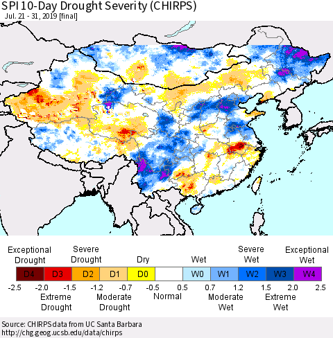 China, Mongolia and Taiwan SPI 10-Day Drought Severity (CHIRPS) Thematic Map For 7/21/2019 - 7/31/2019