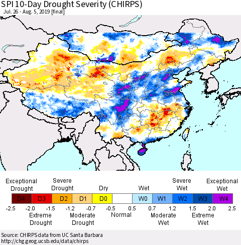 China and Taiwan SPI 10-Day Drought Severity (CHIRPS) Thematic Map For 7/26/2019 - 8/5/2019