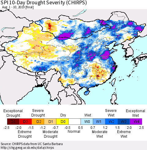 China and Taiwan SPI 10-Day Drought Severity (CHIRPS) Thematic Map For 8/1/2019 - 8/10/2019