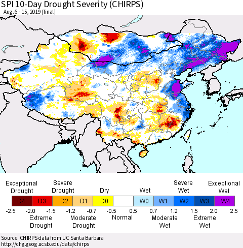 China, Mongolia and Taiwan SPI 10-Day Drought Severity (CHIRPS) Thematic Map For 8/6/2019 - 8/15/2019