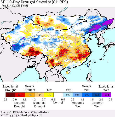 China, Mongolia and Taiwan SPI 10-Day Drought Severity (CHIRPS) Thematic Map For 8/11/2019 - 8/20/2019