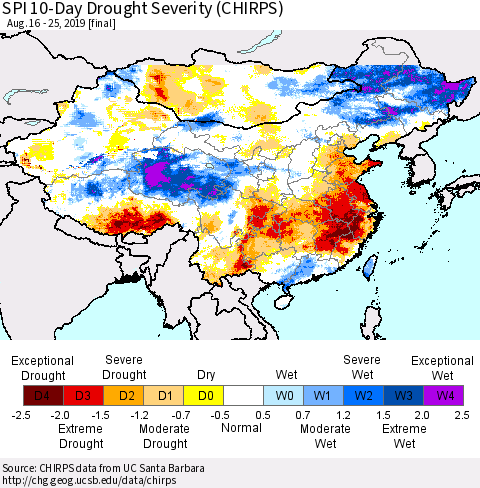 China and Taiwan SPI 10-Day Drought Severity (CHIRPS) Thematic Map For 8/16/2019 - 8/25/2019