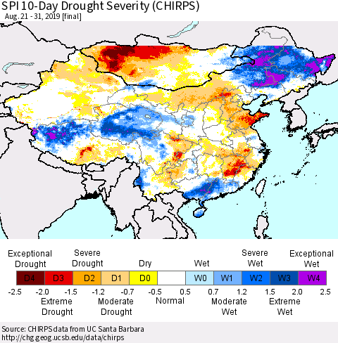 China and Taiwan SPI 10-Day Drought Severity (CHIRPS) Thematic Map For 8/21/2019 - 8/31/2019