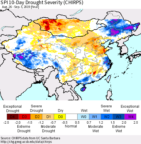 China and Taiwan SPI 10-Day Drought Severity (CHIRPS) Thematic Map For 8/26/2019 - 9/5/2019