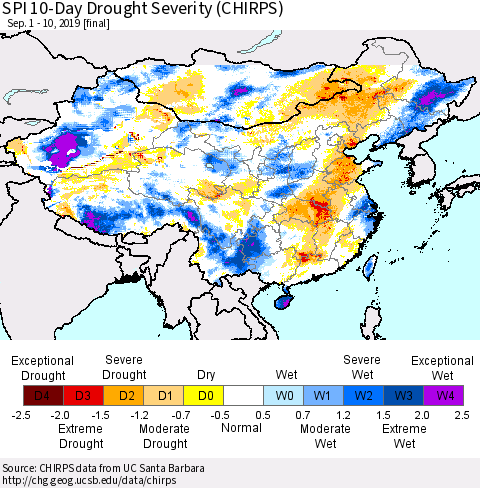 China and Taiwan SPI 10-Day Drought Severity (CHIRPS) Thematic Map For 9/1/2019 - 9/10/2019