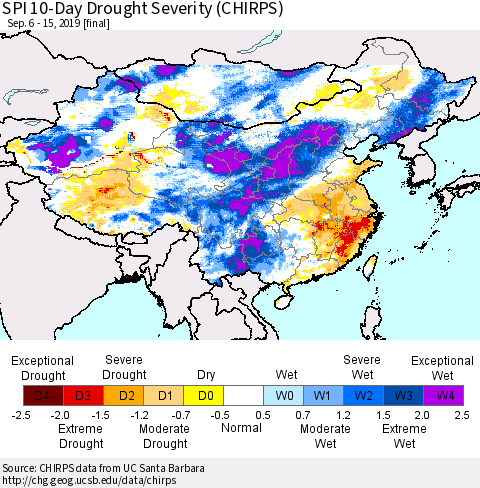 China, Mongolia and Taiwan SPI 10-Day Drought Severity (CHIRPS) Thematic Map For 9/6/2019 - 9/15/2019
