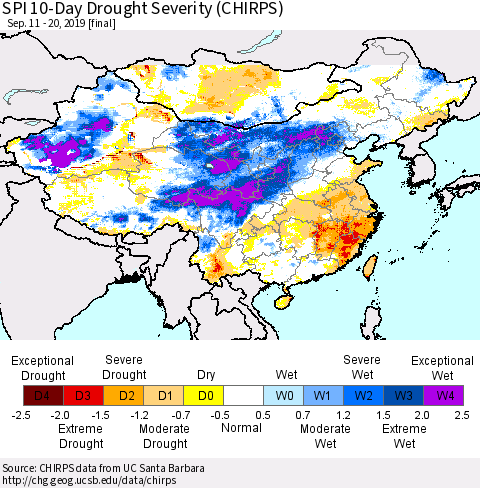 China and Taiwan SPI 10-Day Drought Severity (CHIRPS) Thematic Map For 9/11/2019 - 9/20/2019