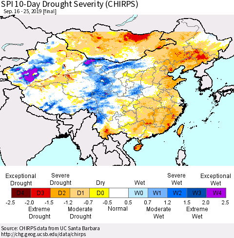 China, Mongolia and Taiwan SPI 10-Day Drought Severity (CHIRPS) Thematic Map For 9/16/2019 - 9/25/2019