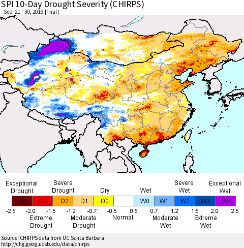 China and Taiwan SPI 10-Day Drought Severity (CHIRPS) Thematic Map For 9/21/2019 - 9/30/2019