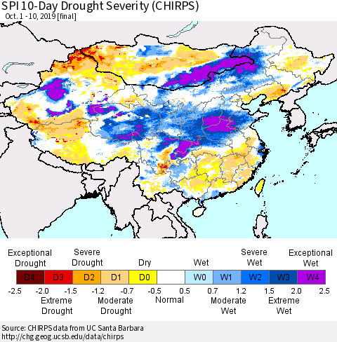 China and Taiwan SPI 10-Day Drought Severity (CHIRPS) Thematic Map For 10/1/2019 - 10/10/2019