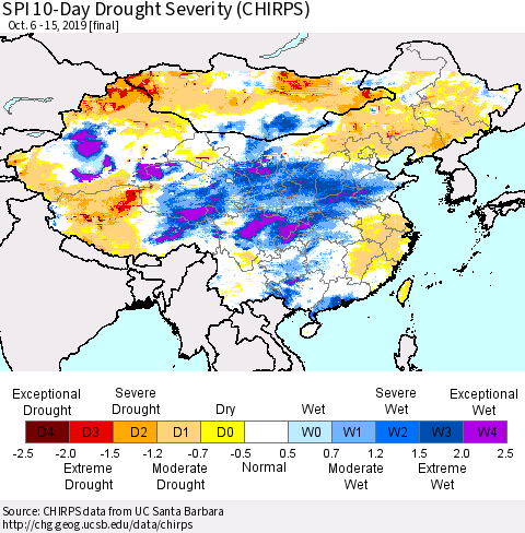 China and Taiwan SPI 10-Day Drought Severity (CHIRPS) Thematic Map For 10/6/2019 - 10/15/2019