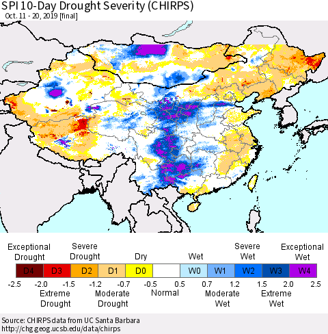 China, Mongolia and Taiwan SPI 10-Day Drought Severity (CHIRPS) Thematic Map For 10/11/2019 - 10/20/2019
