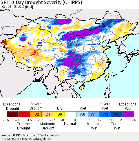 China and Taiwan SPI 10-Day Drought Severity (CHIRPS) Thematic Map For 10/16/2019 - 10/25/2019