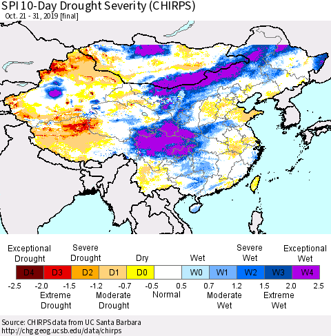 China, Mongolia and Taiwan SPI 10-Day Drought Severity (CHIRPS) Thematic Map For 10/21/2019 - 10/31/2019