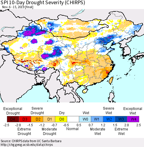 China and Taiwan SPI 10-Day Drought Severity (CHIRPS) Thematic Map For 11/6/2019 - 11/15/2019
