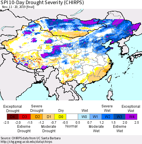 China and Taiwan SPI 10-Day Drought Severity (CHIRPS) Thematic Map For 11/11/2019 - 11/20/2019