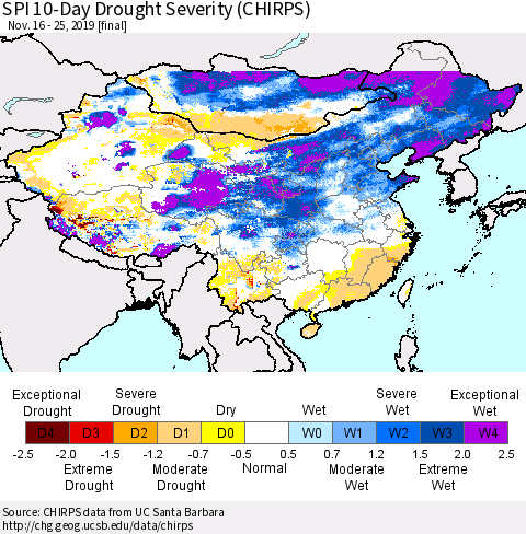 China and Taiwan SPI 10-Day Drought Severity (CHIRPS) Thematic Map For 11/16/2019 - 11/25/2019