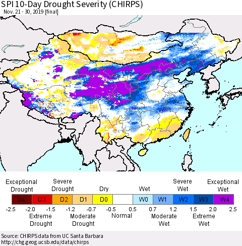 China and Taiwan SPI 10-Day Drought Severity (CHIRPS) Thematic Map For 11/21/2019 - 11/30/2019