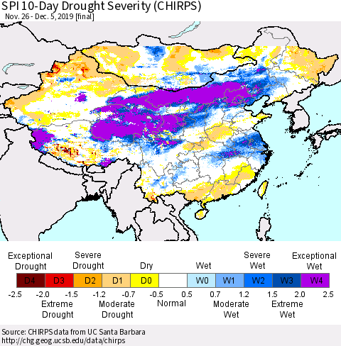 China and Taiwan SPI 10-Day Drought Severity (CHIRPS) Thematic Map For 11/26/2019 - 12/5/2019