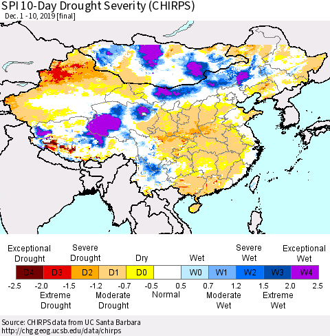 China and Taiwan SPI 10-Day Drought Severity (CHIRPS) Thematic Map For 12/1/2019 - 12/10/2019