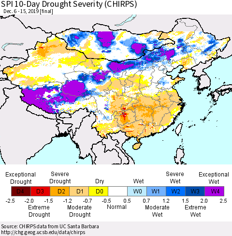 China and Taiwan SPI 10-Day Drought Severity (CHIRPS) Thematic Map For 12/6/2019 - 12/15/2019