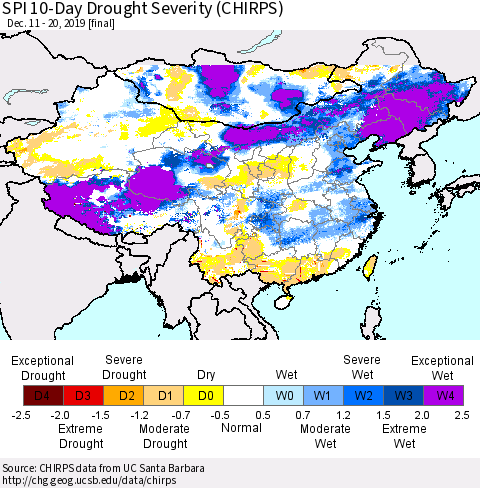 China and Taiwan SPI 10-Day Drought Severity (CHIRPS) Thematic Map For 12/11/2019 - 12/20/2019