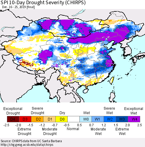 China, Mongolia and Taiwan SPI 10-Day Drought Severity (CHIRPS) Thematic Map For 12/16/2019 - 12/25/2019