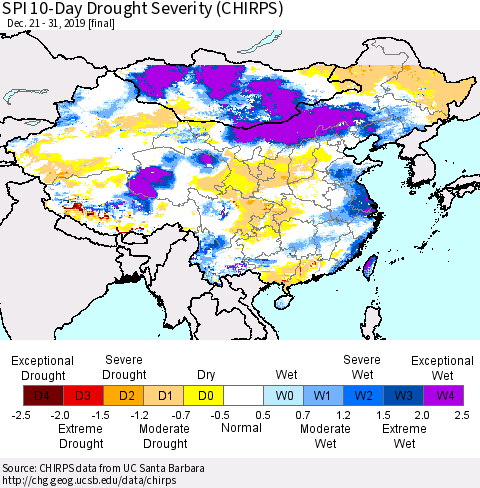 China, Mongolia and Taiwan SPI 10-Day Drought Severity (CHIRPS) Thematic Map For 12/21/2019 - 12/31/2019