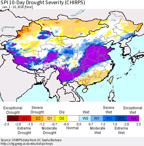 China and Taiwan SPI 10-Day Drought Severity (CHIRPS) Thematic Map For 1/1/2020 - 1/10/2020