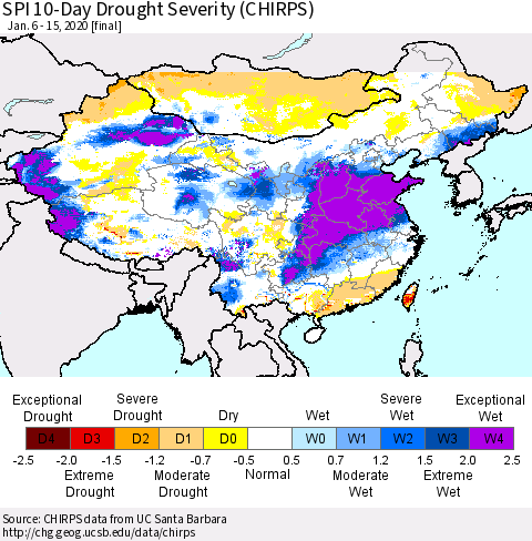 China, Mongolia and Taiwan SPI 10-Day Drought Severity (CHIRPS) Thematic Map For 1/6/2020 - 1/15/2020