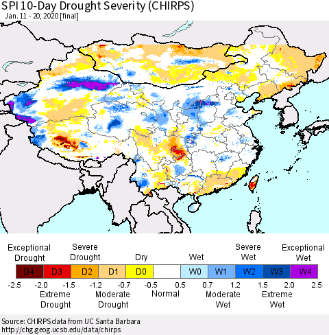 China and Taiwan SPI 10-Day Drought Severity (CHIRPS) Thematic Map For 1/11/2020 - 1/20/2020