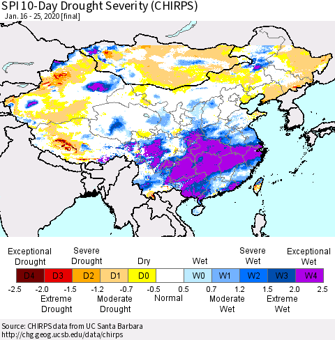 China and Taiwan SPI 10-Day Drought Severity (CHIRPS) Thematic Map For 1/16/2020 - 1/25/2020