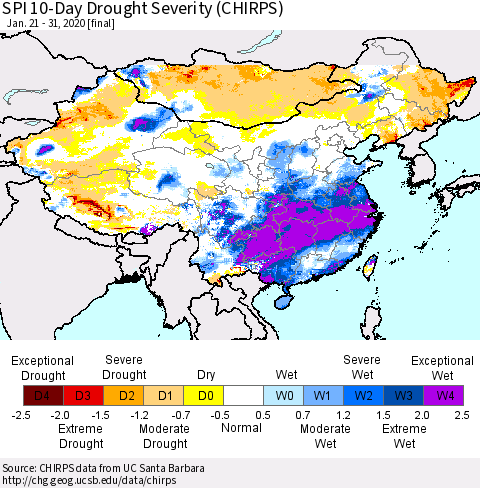 China and Taiwan SPI 10-Day Drought Severity (CHIRPS) Thematic Map For 1/21/2020 - 1/31/2020