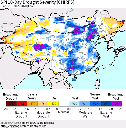 China and Taiwan SPI 10-Day Drought Severity (CHIRPS) Thematic Map For 1/26/2020 - 2/5/2020
