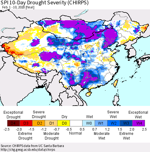 China and Taiwan SPI 10-Day Drought Severity (CHIRPS) Thematic Map For 2/1/2020 - 2/10/2020