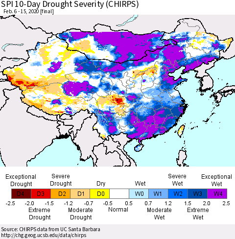 China and Taiwan SPI 10-Day Drought Severity (CHIRPS) Thematic Map For 2/6/2020 - 2/15/2020