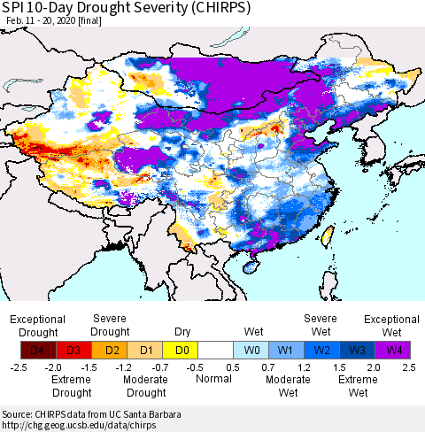 China, Mongolia and Taiwan SPI 10-Day Drought Severity (CHIRPS) Thematic Map For 2/11/2020 - 2/20/2020