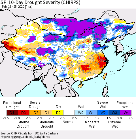 China and Taiwan SPI 10-Day Drought Severity (CHIRPS) Thematic Map For 2/16/2020 - 2/25/2020