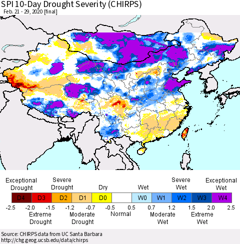 China, Mongolia and Taiwan SPI 10-Day Drought Severity (CHIRPS) Thematic Map For 2/21/2020 - 2/29/2020