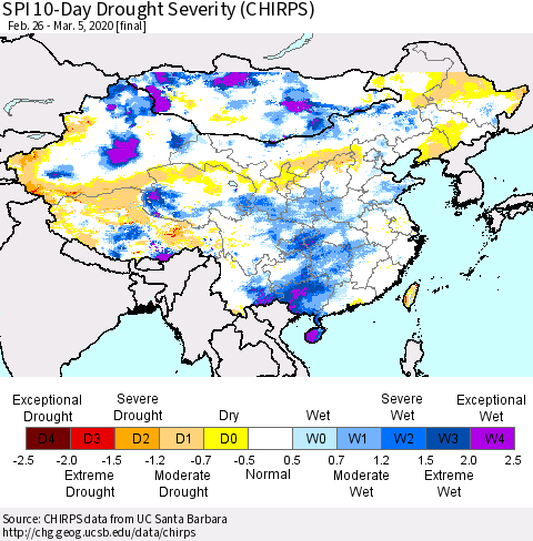 China and Taiwan SPI 10-Day Drought Severity (CHIRPS) Thematic Map For 2/26/2020 - 3/5/2020